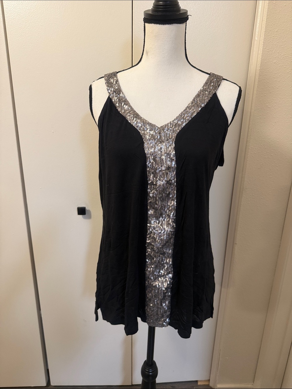 Ana Black Sleeveless V-Neck Top with Silver Sequin Accent